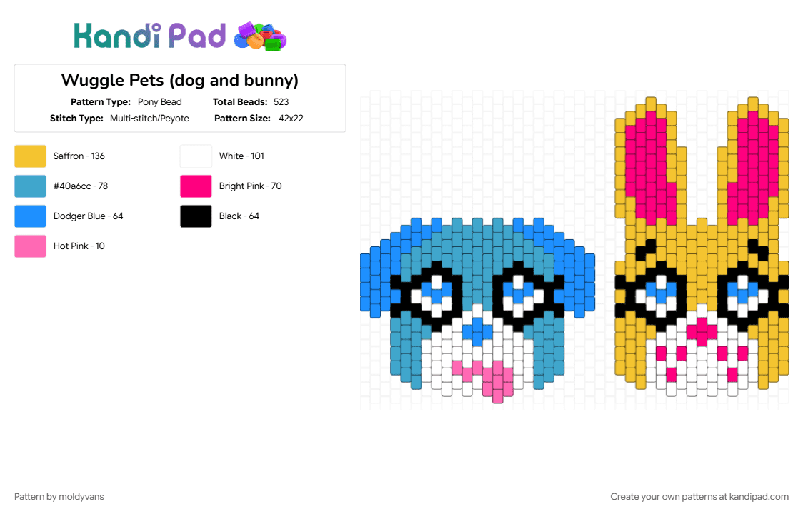 Wuggle Pets (dog and bunny) - Pony Bead Pattern by moldyvans on Kandi Pad - light blue, yellow