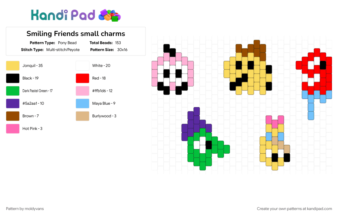 Smiling Friends small charms - Pony Bead Pattern by moldyvans on Kandi Pad - green, pink, red, yellow
