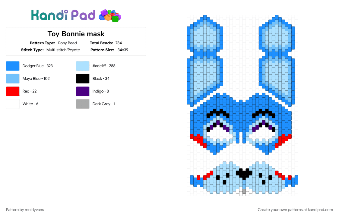 Toy Bonnie mask - Pony Bead Pattern by moldyvans on Kandi Pad - light blue