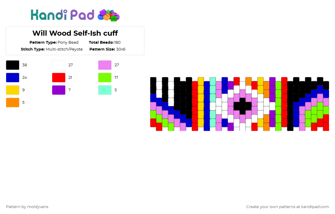 Will Wood Self-Ish cuff - Pony Bead Pattern by moldyvans on Kandi Pad - red,purple,pink,green