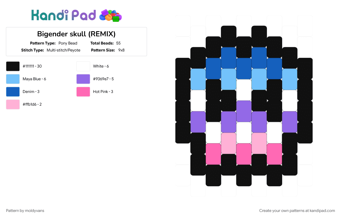 Bigender skull (REMIX) - Pony Bead Pattern by moldyvans on Kandi Pad - black, blue, pink, purple