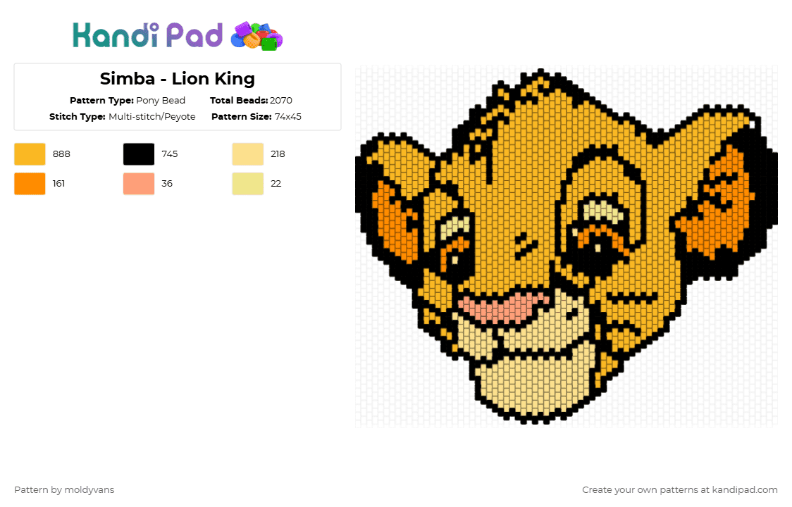 Simba - Lion King - Pony Bead Pattern by moldyvans on Kandi Pad - orange