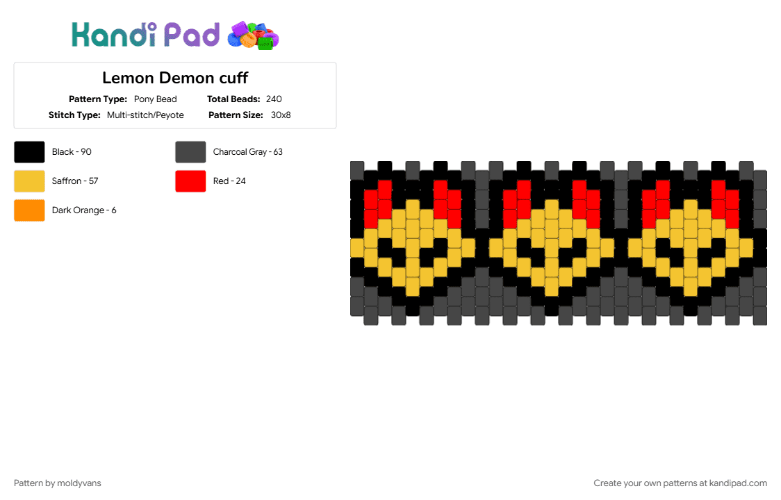 Lemon Demon cuff - Pony Bead Pattern by moldyvans on Kandi Pad - brown, yellow