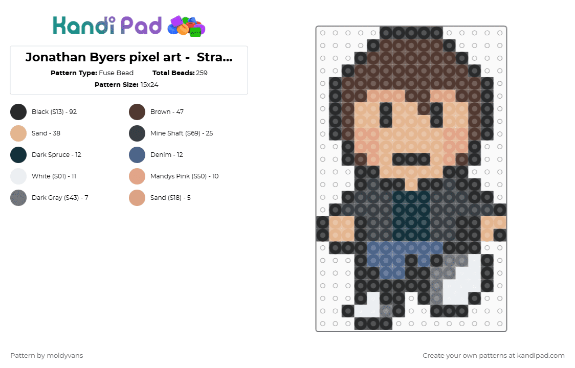 Jonathan Byers pixel art -  Stranger Things - Fuse Bead Pattern by moldyvans on Kandi Pad - black,beige,brown