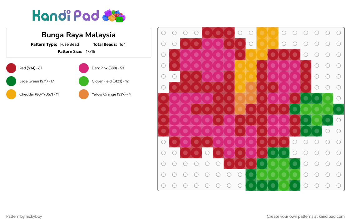 Bunga Raya Malaysia - Fuse Bead Pattern by nickyboy on Kandi Pad - flower, nature, pink, red