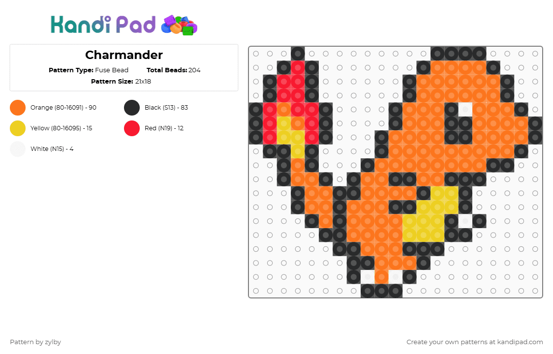Charmander - Fuse Bead Pattern by zylby on Kandi Pad - charmander,pokemon,character,starter,video game,cartoon,gaming,orange