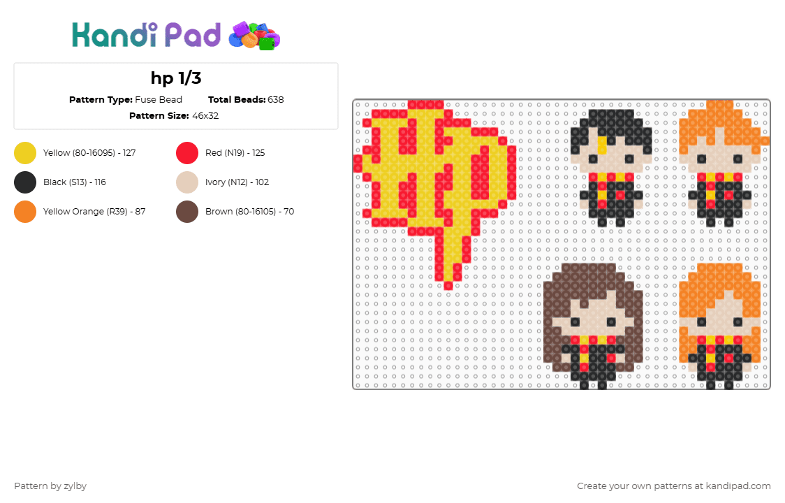 hp 1/3 - Fuse Bead Pattern by zylby on Kandi Pad - harry potter,charms,logo,characters,movie,character,yellow,red,beige