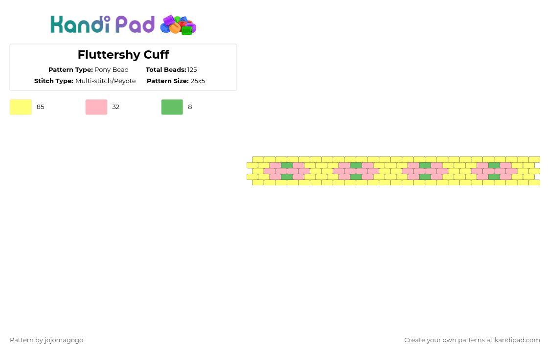 Fluttershy Cuff - Pony Bead Pattern by jojomagogo on Kandi Pad - yellow,fluttershy,fluttershy cuff,mlp,my little pony,my little pony cuff,perler bead cuff