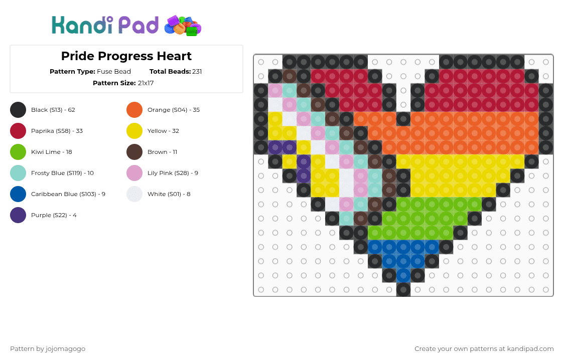 Pride Progress Heart - Fuse Bead Pattern by jojomagogo on Kandi Pad - red,yellow,orange,green