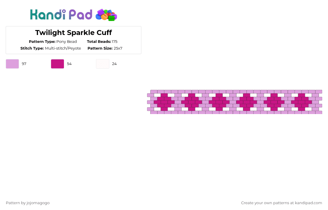 Twilight Sparkle Cuff - Pony Bead Pattern by jojomagogo on Kandi Pad - pink,twilight sparkle cuff,perler bead cuff,small cuff,my little pony,mlp,twilight sparkle,my little pony twilight cuff,purple cuff