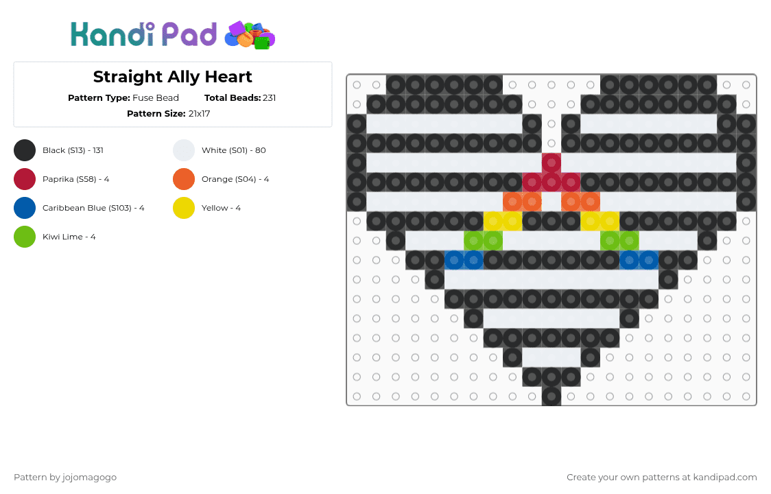 Straight Ally Heart - Fuse Bead Pattern by jojomagogo on Kandi Pad - black,white,orange,yellow,colorful