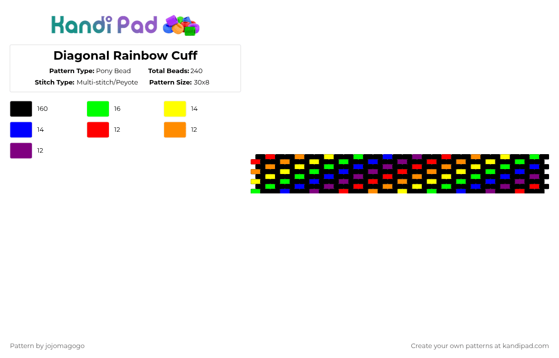 Diagonal Rainbow Cuff - Pony Bead Pattern by jojomagogo on Kandi Pad - black,yellow,green,purple,rainbow,scene,cuff,rainbow cuff,diagonal rainbow cuff,diagonal cuff,scene cuff,scene rainbow cuff