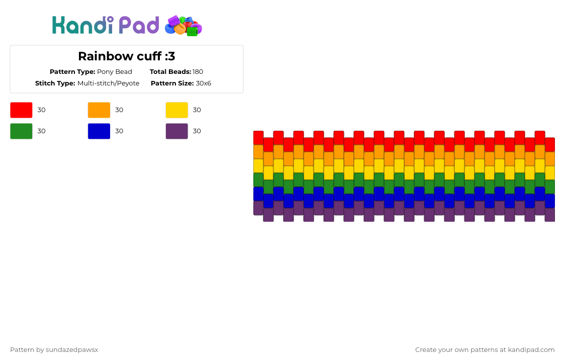 Rainbow cuff :3 - Pony Bead Pattern by deleted_user_47501 on Kandi Pad - orange,green,pink,colorful