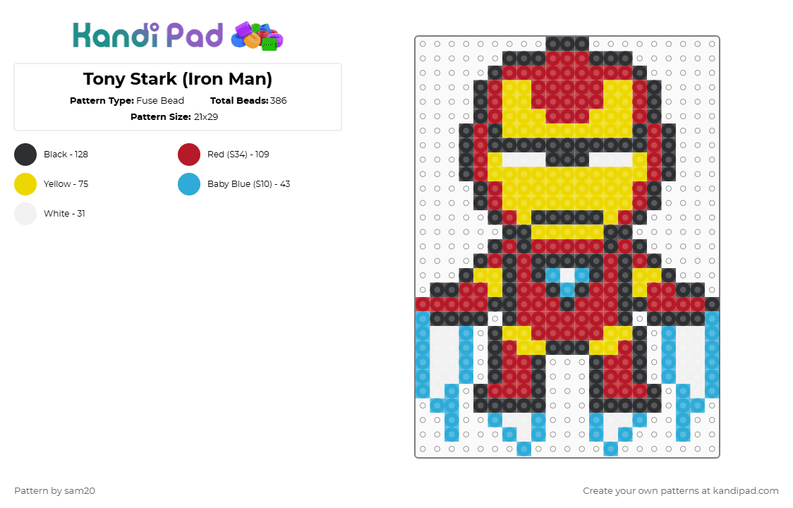 Tony Stark (Iron Man) - Fuse Bead Pattern by sam20 on Kandi Pad - iron man,tony stark,marvel,superhero,comic book,avengers,movie,red,yellow