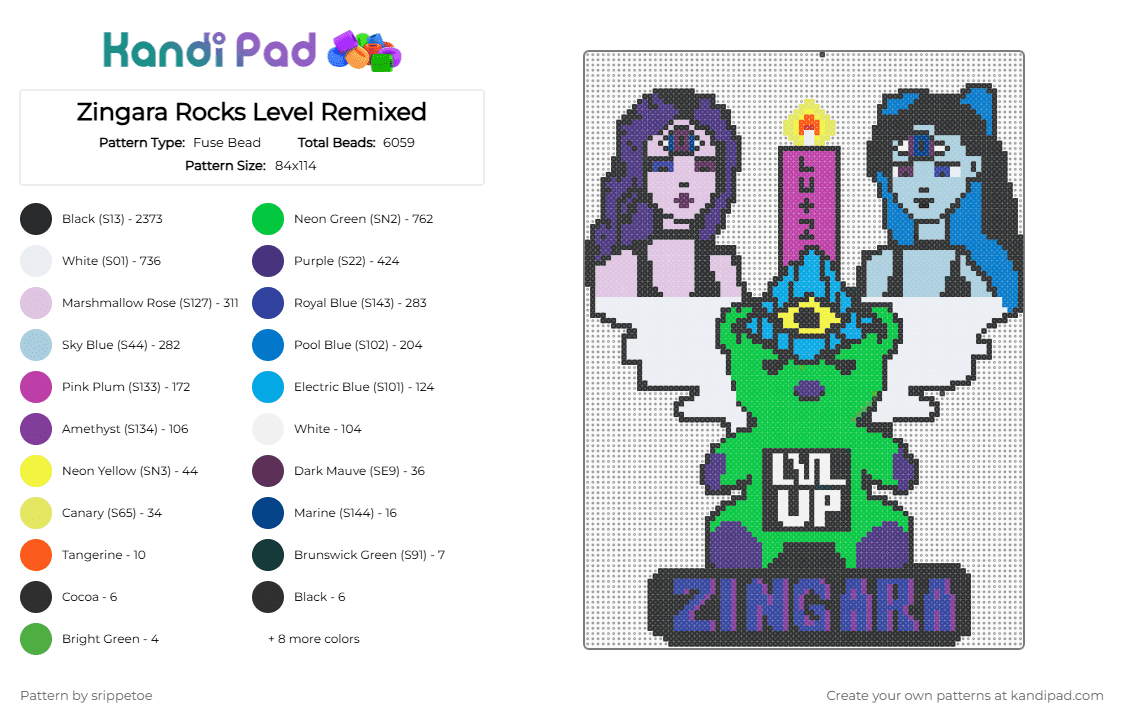 Zingara Rocks Level Remixed - Fuse Bead Pattern by srippetoe on Kandi Pad - black,purple,pink,green,colorful