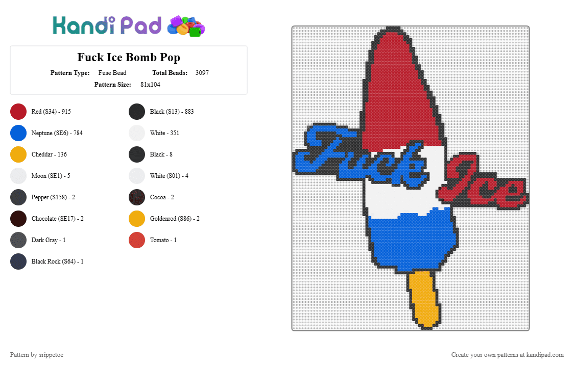 Fuck Ice Bomb Pop - Fuse Bead Pattern by srippetoe on Kandi Pad - abolish ice, america, blue, bomb pop, fuck ice, ice, political, popcicle, red, save america
