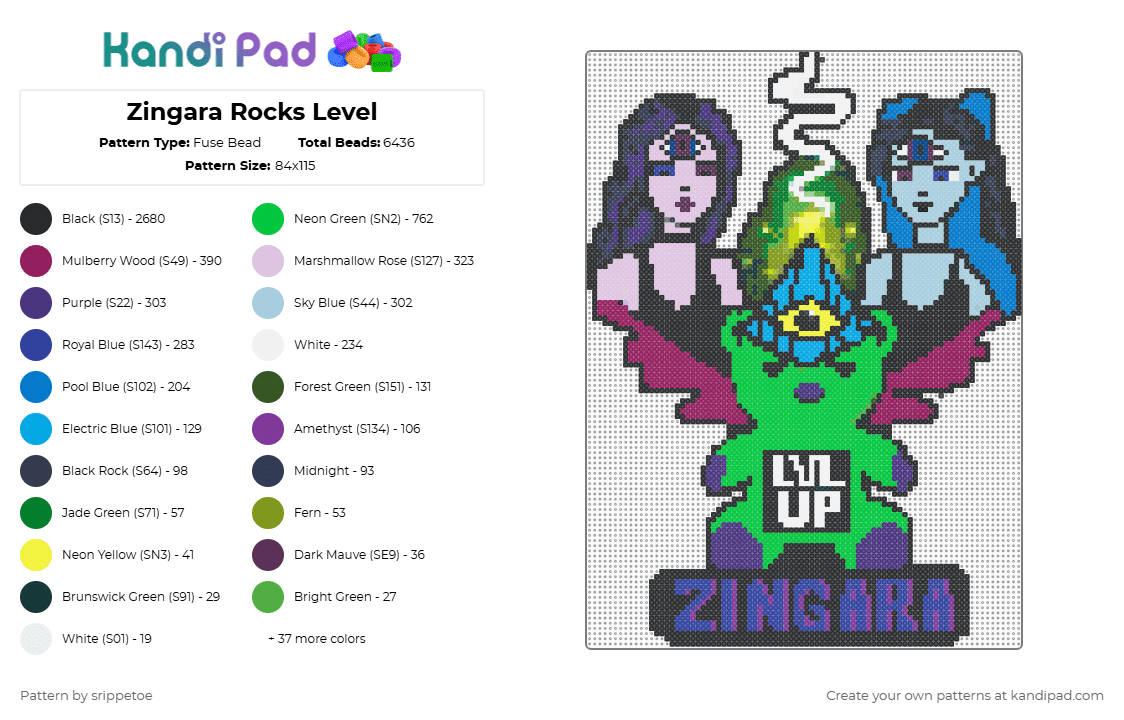 Zingara Rocks Level - Fuse Bead Pattern by srippetoe on Kandi Pad - zingara,level up,dj,mashup,logo,edm,music,black,purple,pink,green,colorful