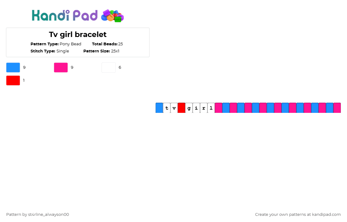 Tv girl bracelet - Pony Bead Pattern by st4rline_alwayson00 on Kandi Pad - light blue,pink,kandi,tv girl,single