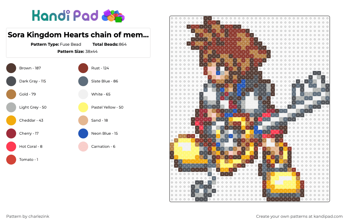 Sora Kingdom Hearts chain of memories - Fuse Bead Pattern by charlezink on Kandi Pad - brown,red,gray,kingdom hearts,sora,kh,chain of memories