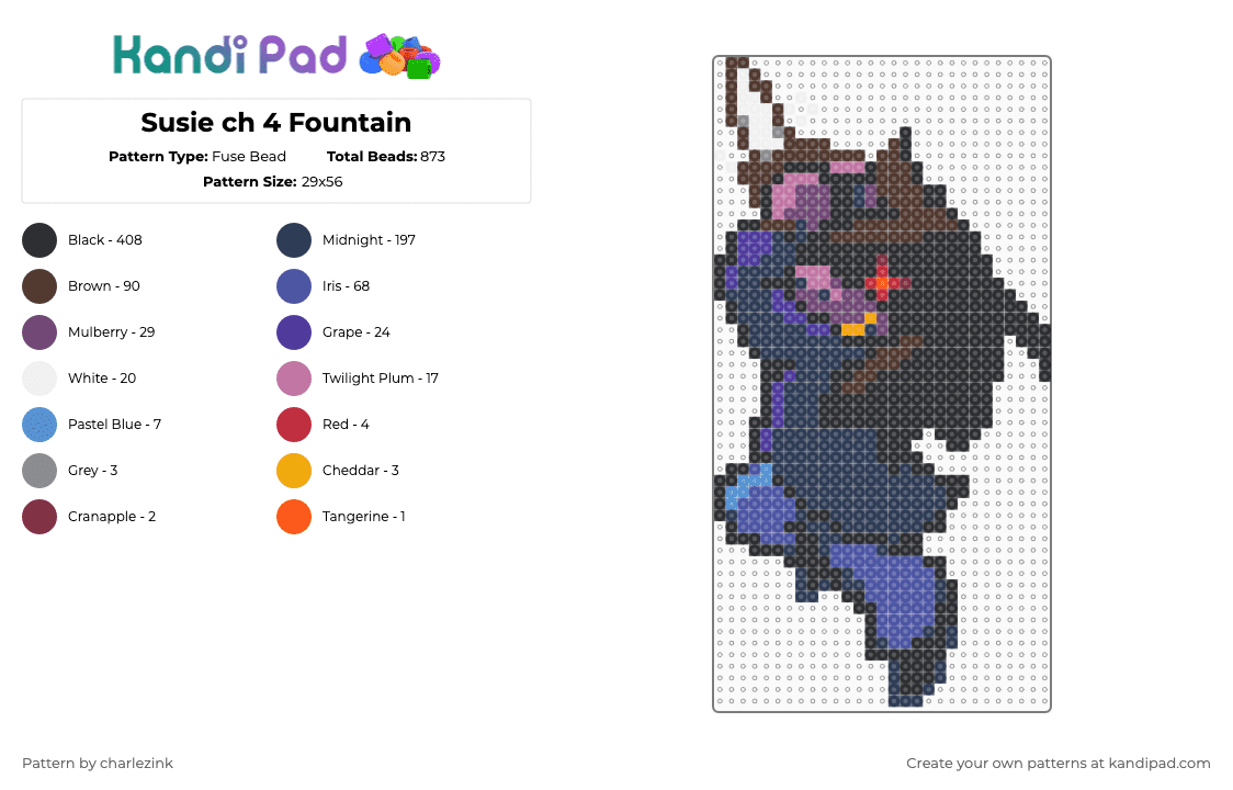 Susie ch 4 Fountain alt color - Fuse Bead Pattern by charlezink on Kandi Pad - black,brown,purple,deltarune,susie