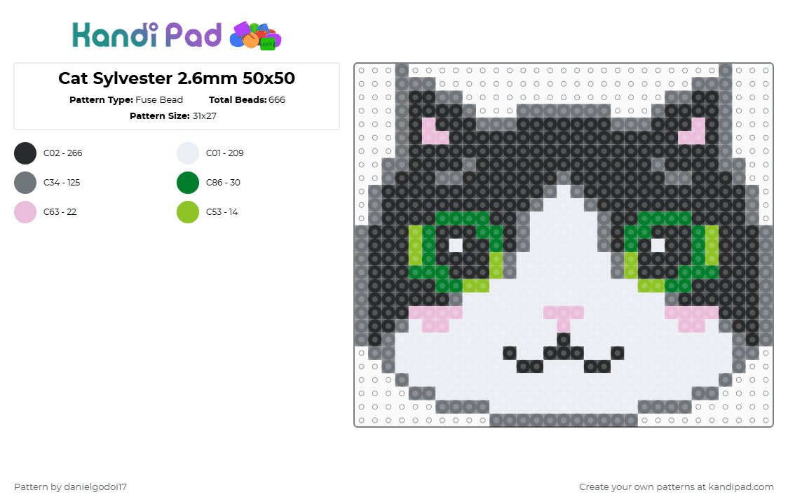 Cat Sylvester 2.6mm 50x50 - Fuse Bead Pattern by danielgodoi17 on Kandi Pad - white,gray,cat,sylvester,frajola,looney tunes,cute