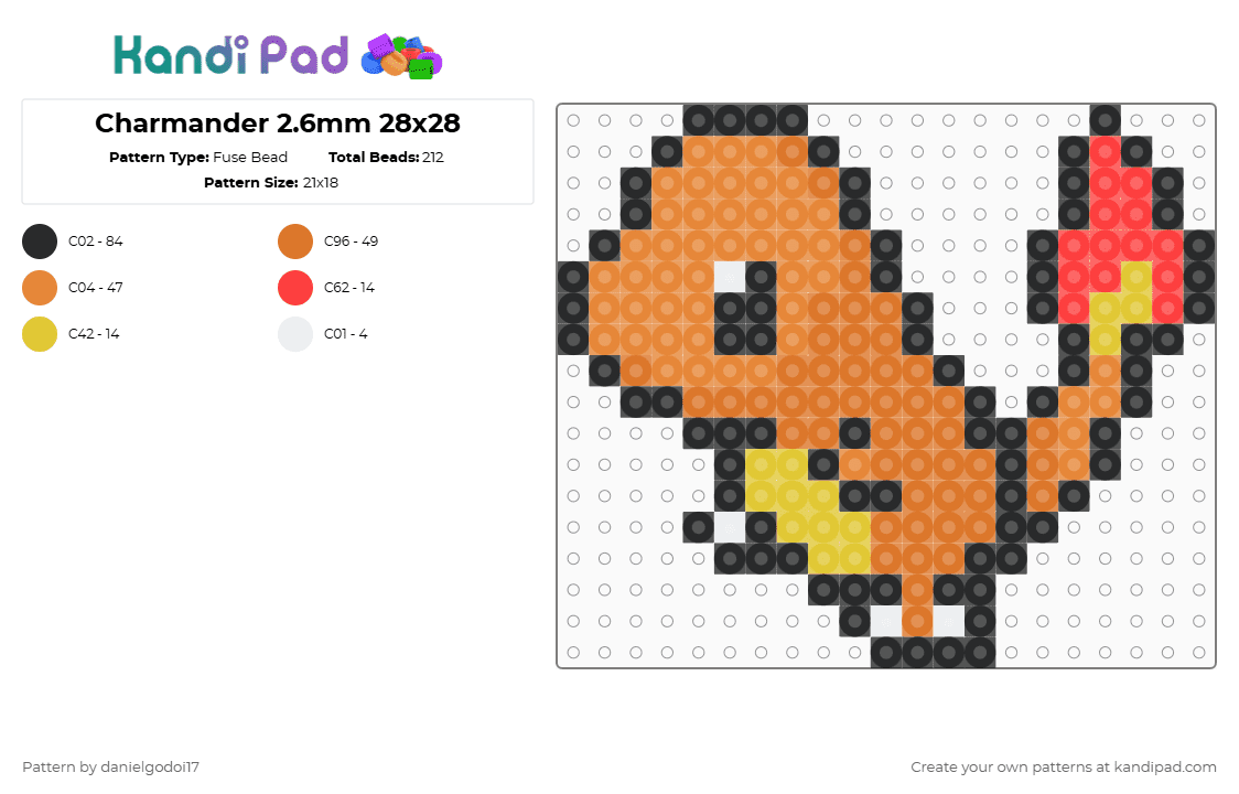 Charmander 2.6mm 28x28 - Fuse Bead Pattern by danielgodoi17 on Kandi Pad - orange, pokemon