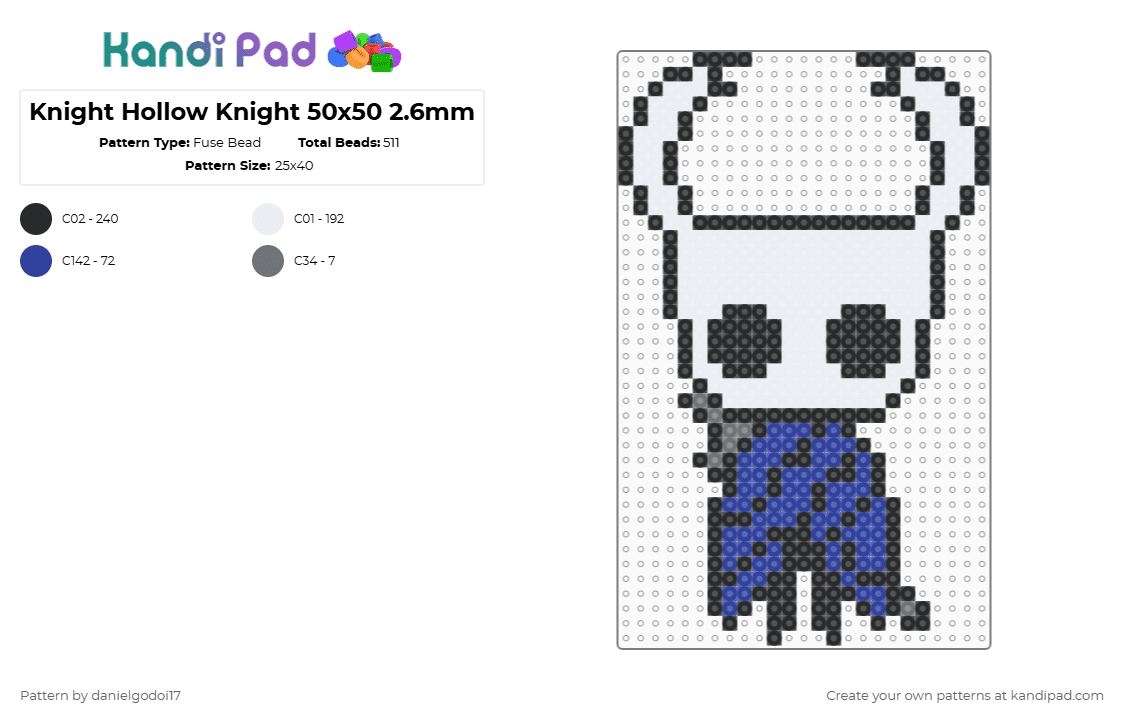 Knight Hollow Knight 50x50 2.6mm - Fuse Bead Pattern by danielgodoi17 on Kandi Pad - white,purple