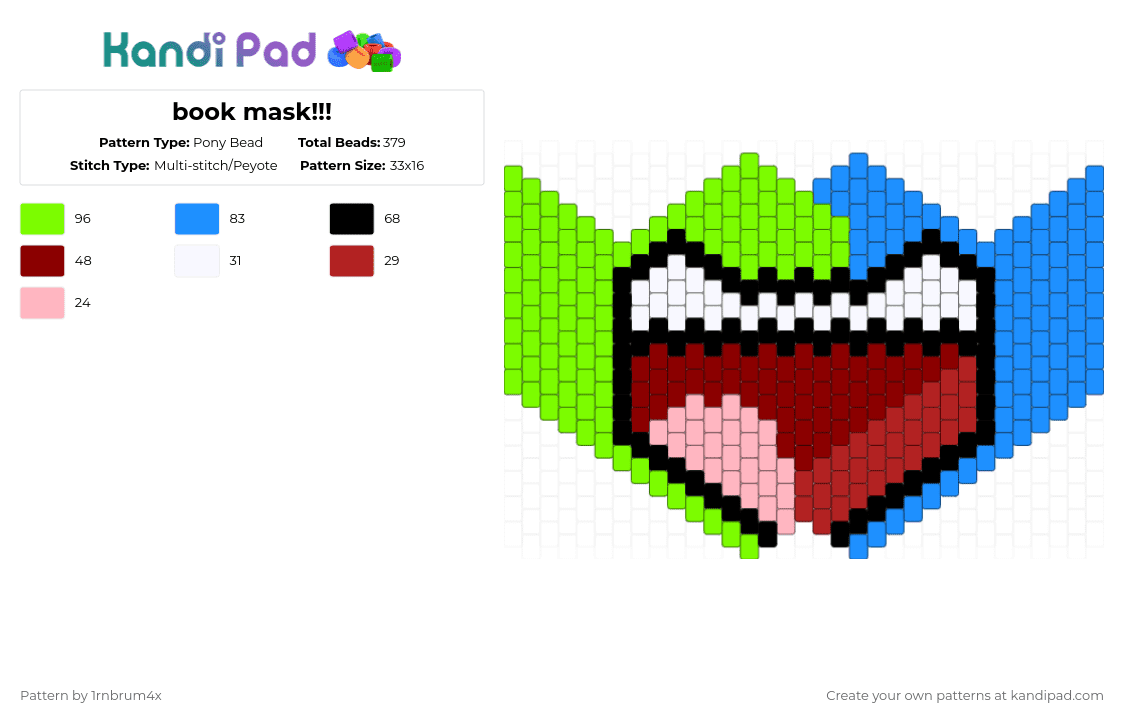 book mask!!! - Pony Bead Pattern by 1rnbrum4x on Kandi Pad - green,light blue,red