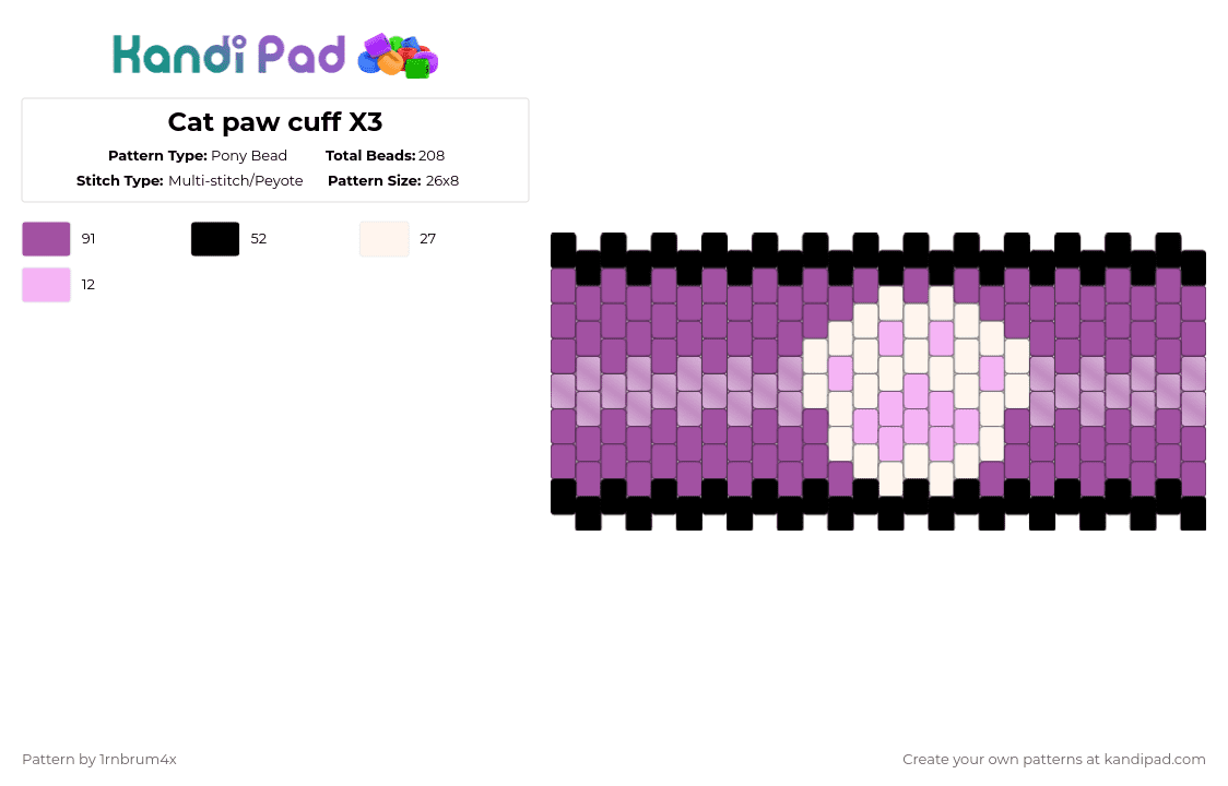 Cat paw cuff X3 - Pony Bead Pattern by 1rnbrum4x on Kandi Pad - pink,cat,purple,paw