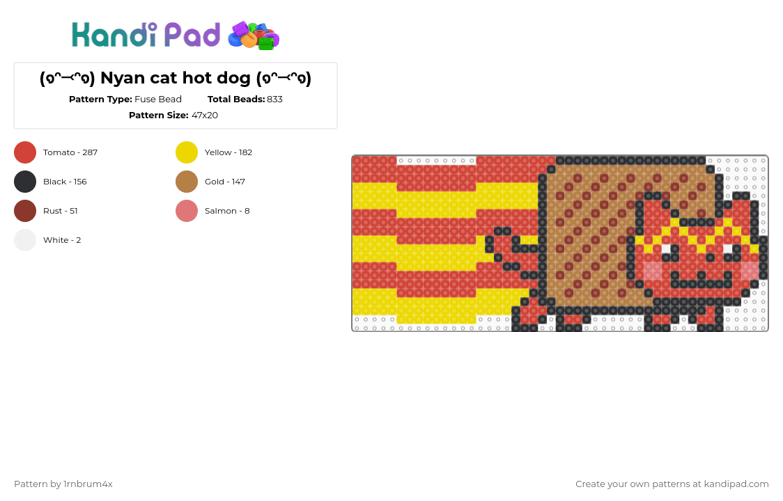 (๑ᵔ⤙ᵔ๑) Nyan cat hot dog (๑ᵔ⤙ᵔ๑) - Fuse Bead Pattern by 1rnbrum4x on Kandi Pad - red,hot dog,nyan cat,sigma,food