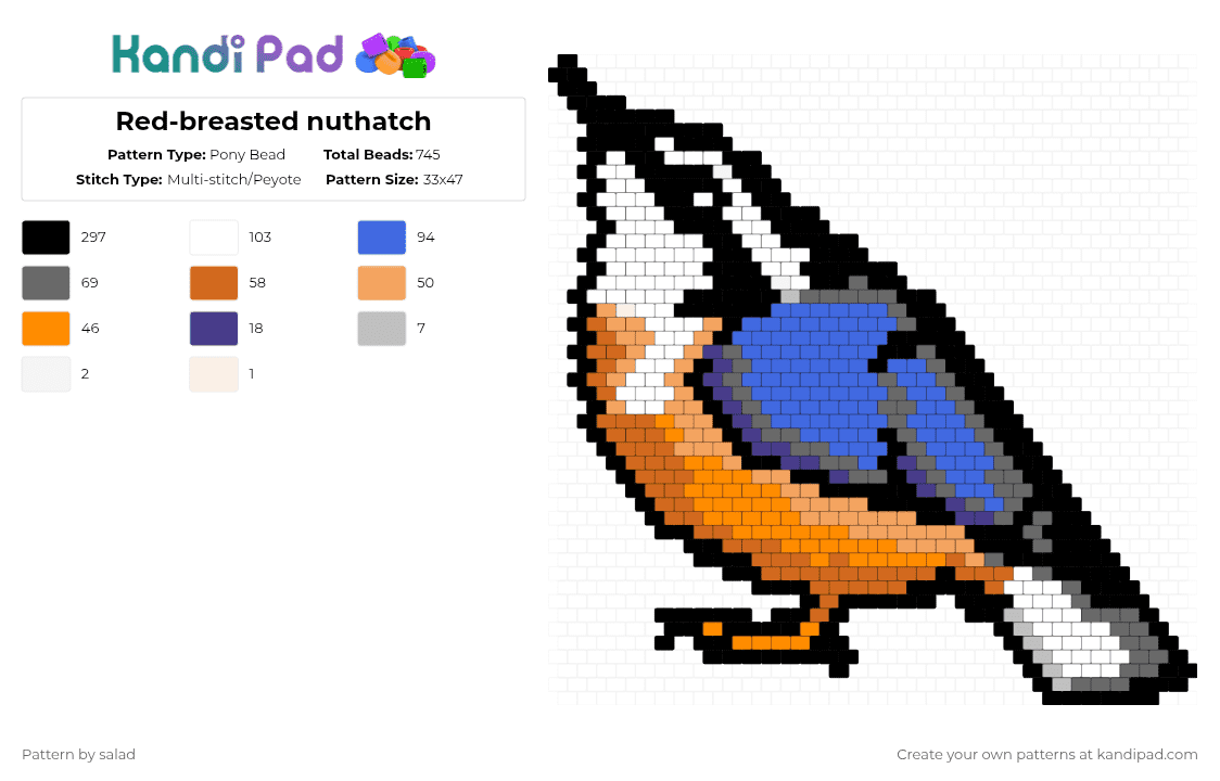 Red-breasted nuthatch - Pony Bead Pattern by salad on Kandi Pad - bird,animal,gray,orange,blue