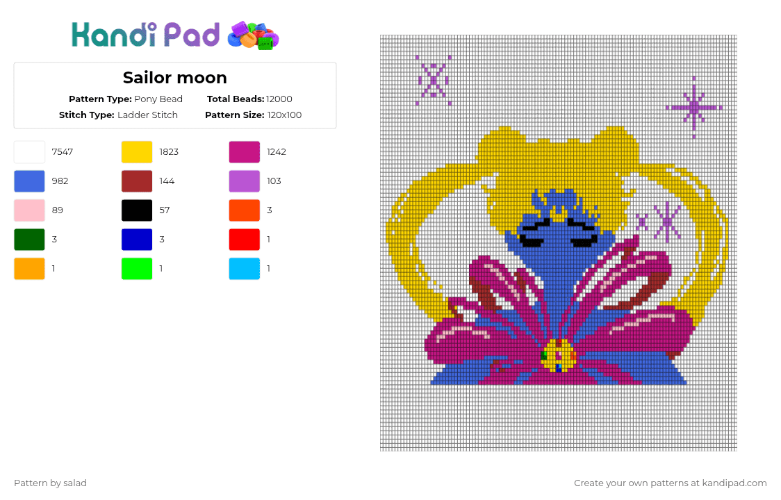 Sailor moon - Pony Bead Pattern by salad on Kandi Pad - blue, pink, white, yellow