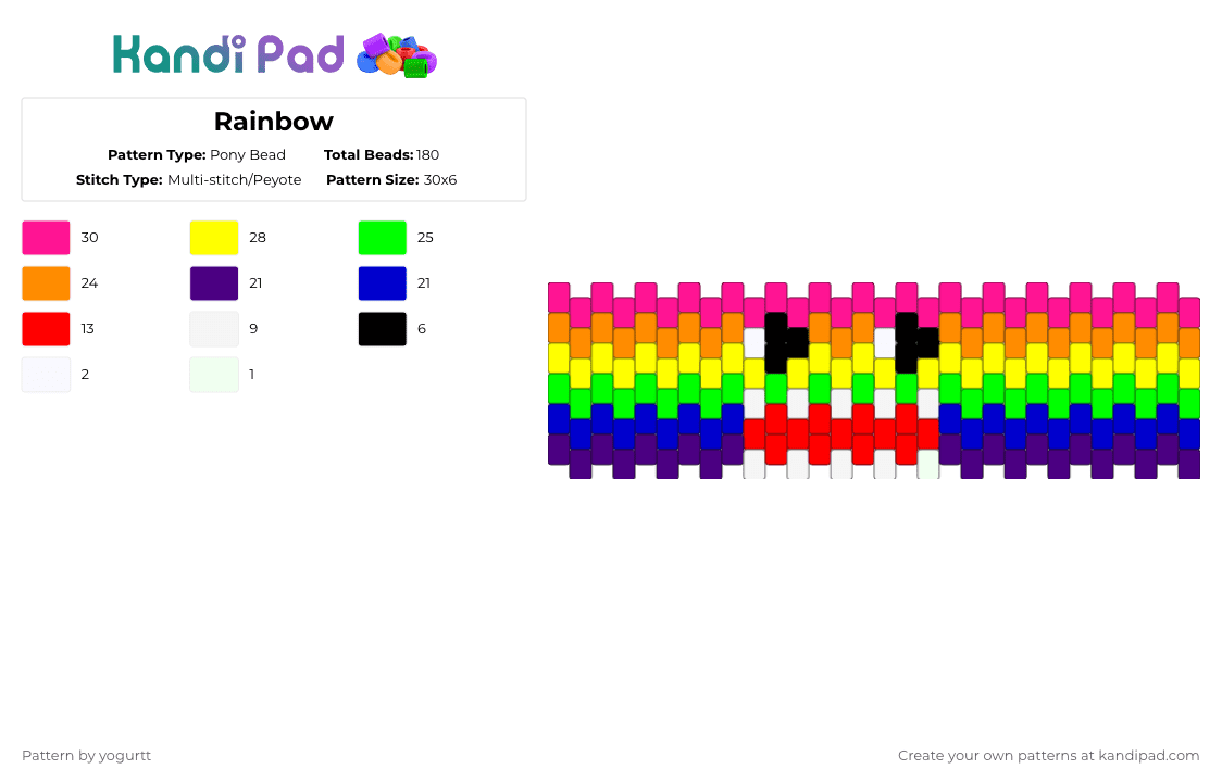 Rainbow - Pony Bead Pattern by yogurtt on Kandi Pad - purple,green,yellow,pink