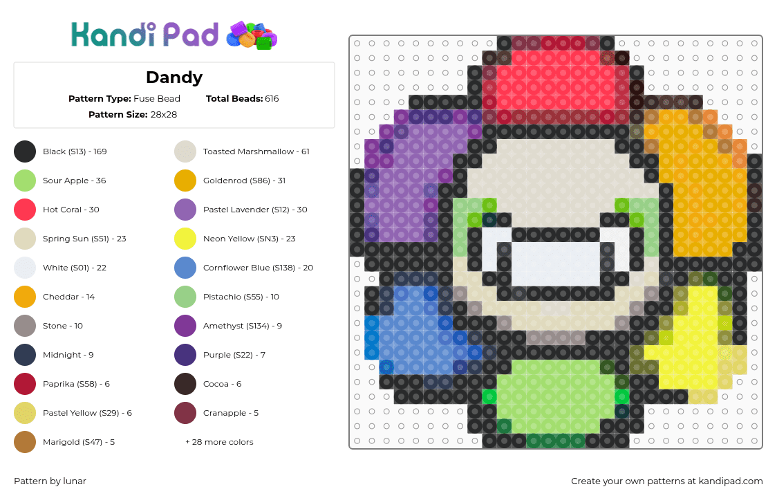 Dandy - Fuse Bead Pattern by lunar on Kandi Pad - pink,beige,blue,yellow,colorful,dandysworld,dandy,world,game