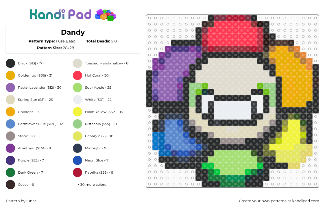 Dandy - Fuse Bead Pattern by lunar on Kandi Pad - pink,beige,blue,yellow,colorful,dandysworld,dandy,world,game