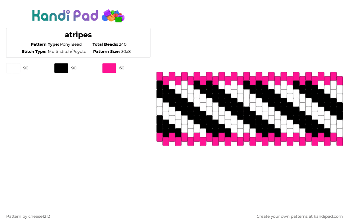 atripes - Pony Bead Pattern by cheese1212 on Kandi Pad - animal, cuff, diagonal, pink, stripes, texture, white, zebra