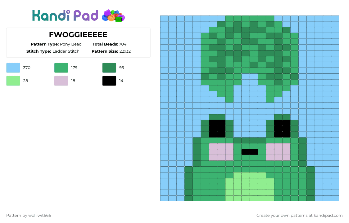 FWOGGIEEEEE - Pony Bead Pattern by wolliwit666 on Kandi Pad - light blue,green,frog,froggie,fwoggie