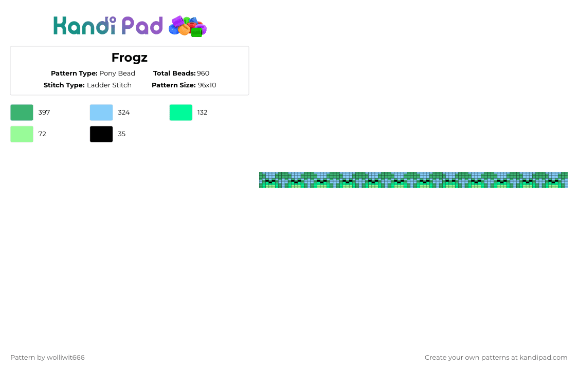 Frogz - Pony Bead Pattern by wolliwit666 on Kandi Pad - green,light blue,frogs
