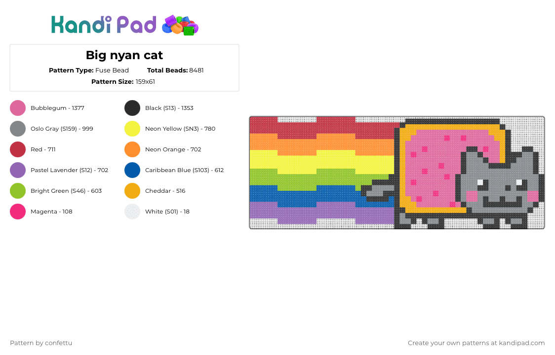 Big nyan cat - Fuse Bead Pattern by confettu on Kandi Pad - pink,gray,orange