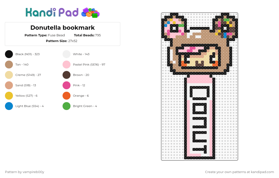 Donutella bookmark - Fuse Bead Pattern by vampireb00y on Kandi Pad - black,beige,pink