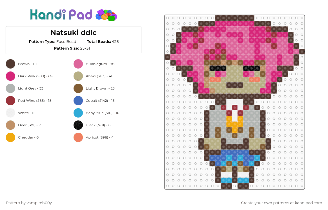Natsuki ddlc - Fuse Bead Pattern by vampireb00y on Kandi Pad - pink,beige,brown
