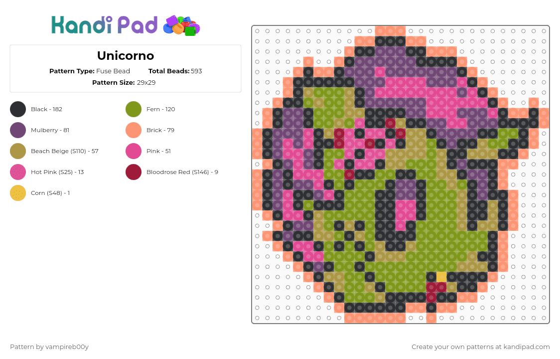 Unicorno - Fuse Bead Pattern by vampireb00y on Kandi Pad - unicorn,zombie,halloween,spooky,pink,orange,gold
