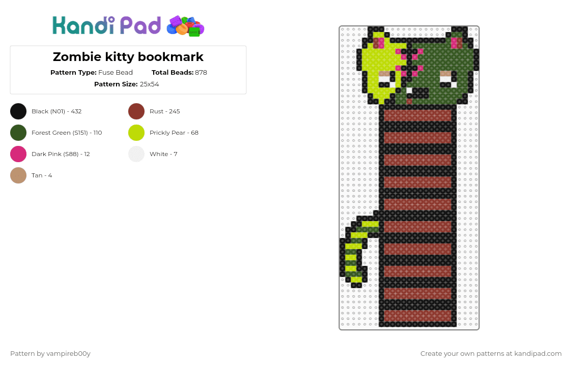 Zombie kitty bookmark - Fuse Bead Pattern by vampireb00y on Kandi Pad - black,red,gold