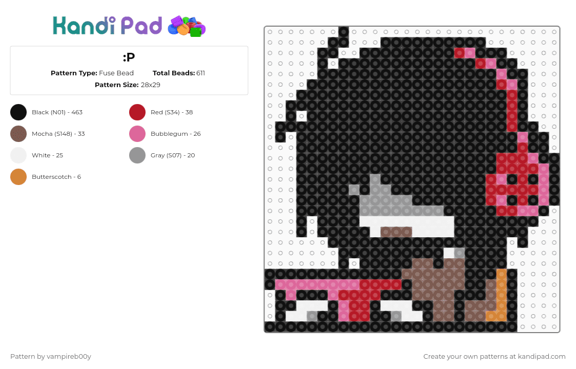 :P - Fuse Bead Pattern by vampireb00y on Kandi Pad - black,tan,pink,red