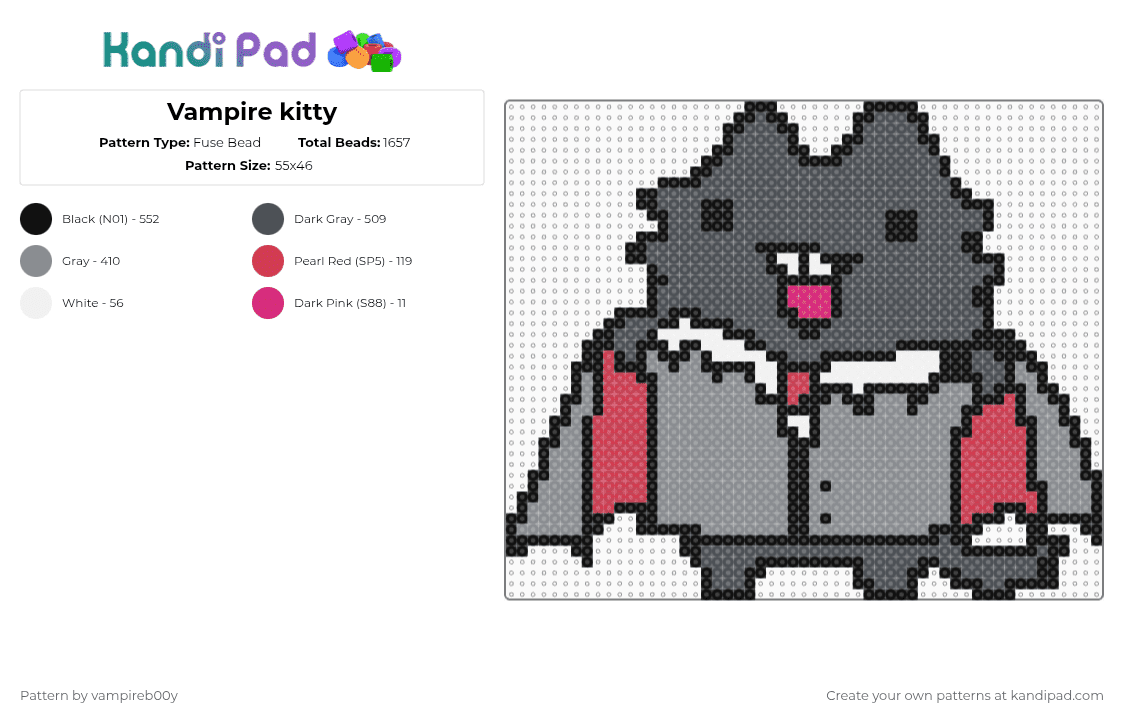 Vampire kitty - Fuse Bead Pattern by vampireb00y on Kandi Pad - gray