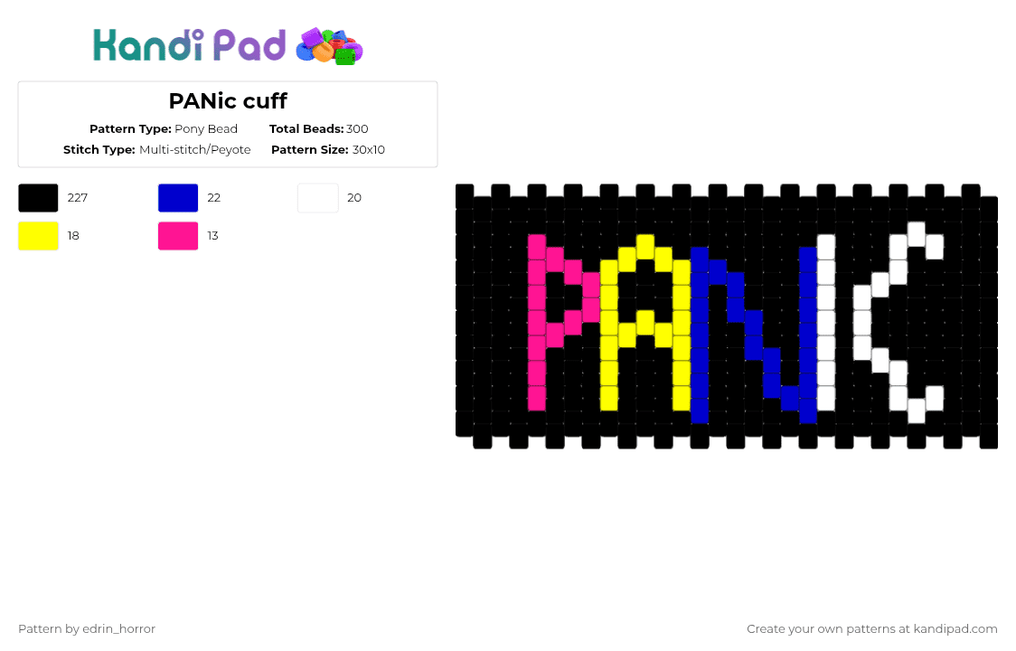 PANic cuff - Pony Bead Pattern by edrin_horror on Kandi Pad - black,purple,yellow,pansexual,queer,lgbtq,panic,gay panic,cuff,bracelet,pride