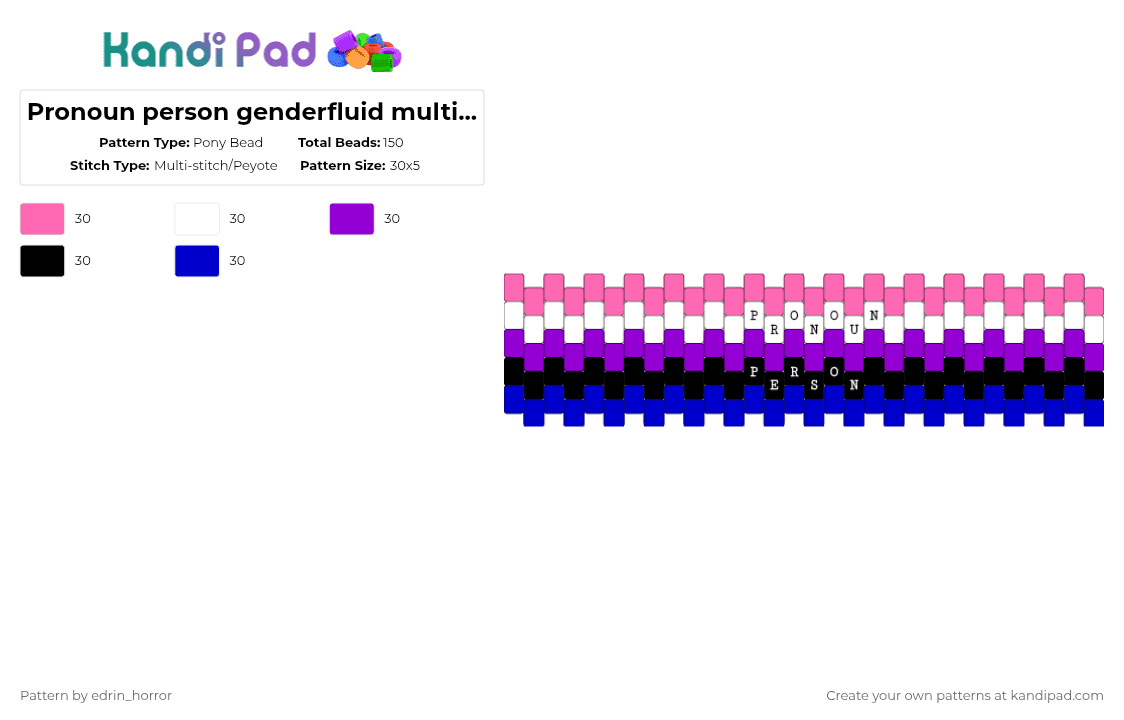 Pronoun person genderfluid multistitch cuff - Pony Bead Pattern by edrin_horror on Kandi Pad - pink,purple,genderfluid,pride,pronoun,multistitch,lgbtq,gay,gender,person