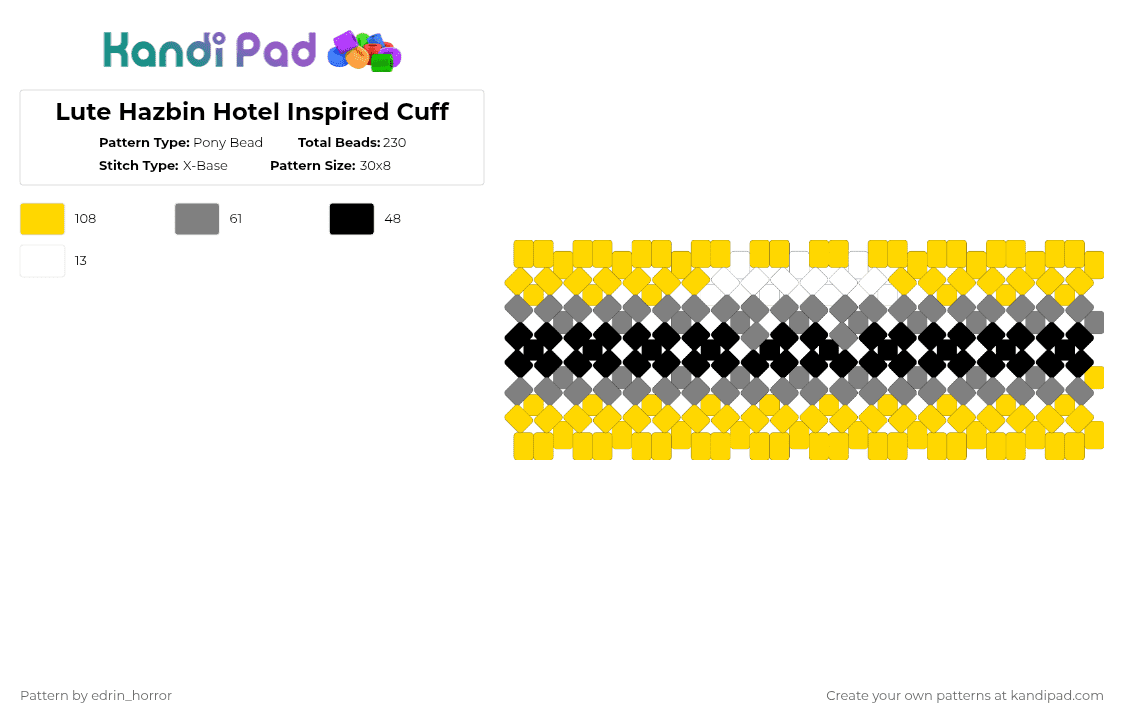 Lute Hazbin Hotel Inspired Cuff - Pony Bead Pattern by edrin_horror on Kandi Pad - yellow,gray,lute,hazbin,hazbin hotel,vivzipop,gravity