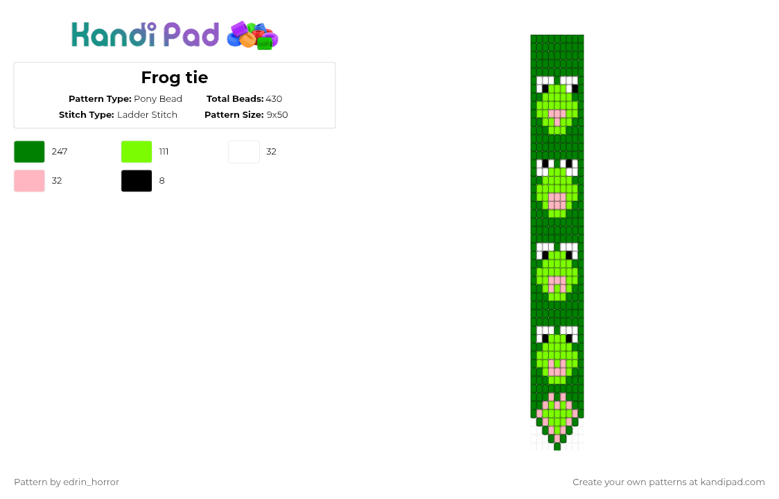 Frog tie - Pony Bead Pattern by edrin_horror on Kandi Pad - green,frog,tie,phrog,light green,pink,froggy