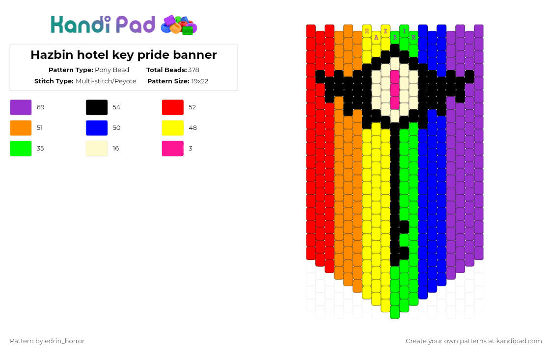 Hazbin hotel key pride banner - Pony Bead Pattern by edrin_horror on Kandi Pad - red,orange,yellow,purple,gay,pride,hazbin hotel,rainbow,key,keekee,banner,tapestry